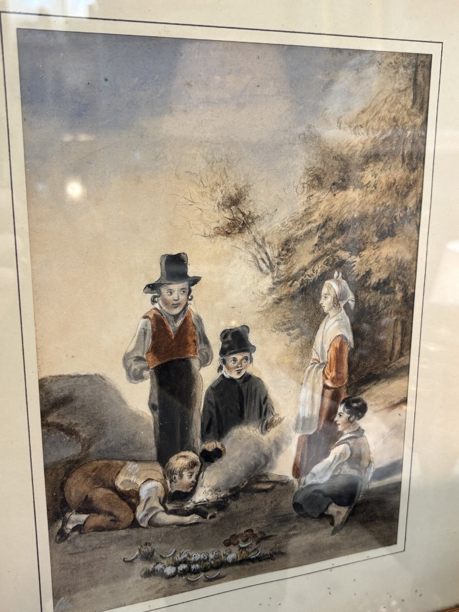 Ancien tableau , Ancienne gouache vers 1850 les enfants autour du feu epoque XIX eme-photo-5