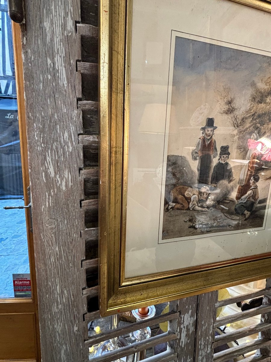 Ancien tableau , Ancienne gouache vers 1850 les enfants autour du feu epoque XIX eme-photo-7
