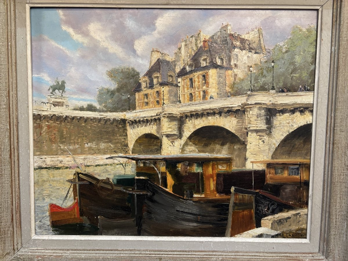 Ancien tableau post impressionniste Le pont neuf  L Lhuilier, La seine à Paris huile panneau-photo-3
