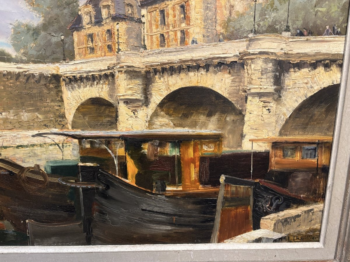 Ancien tableau post impressionniste Le pont neuf  L Lhuilier, La seine à Paris huile panneau-photo-4