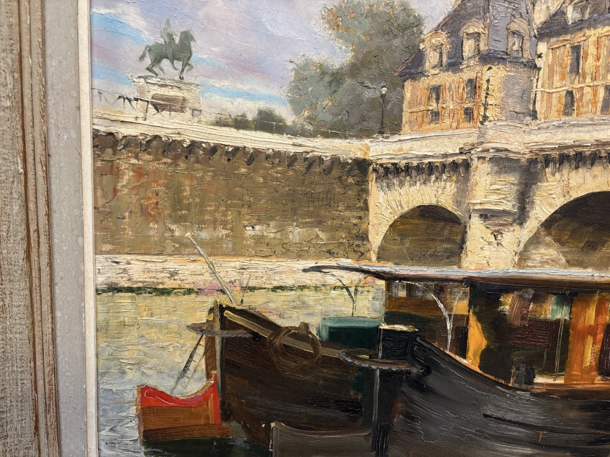 Ancien tableau post impressionniste Le pont neuf  L Lhuilier, La seine à Paris huile panneau-photo-2