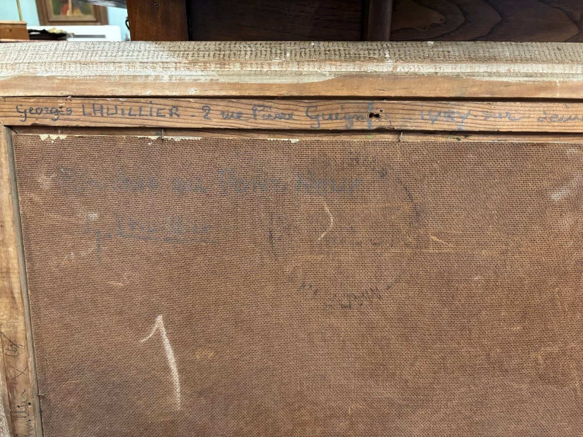 Ancien tableau post impressionniste Le pont neuf  L Lhuilier, La seine à Paris huile panneau-photo-6