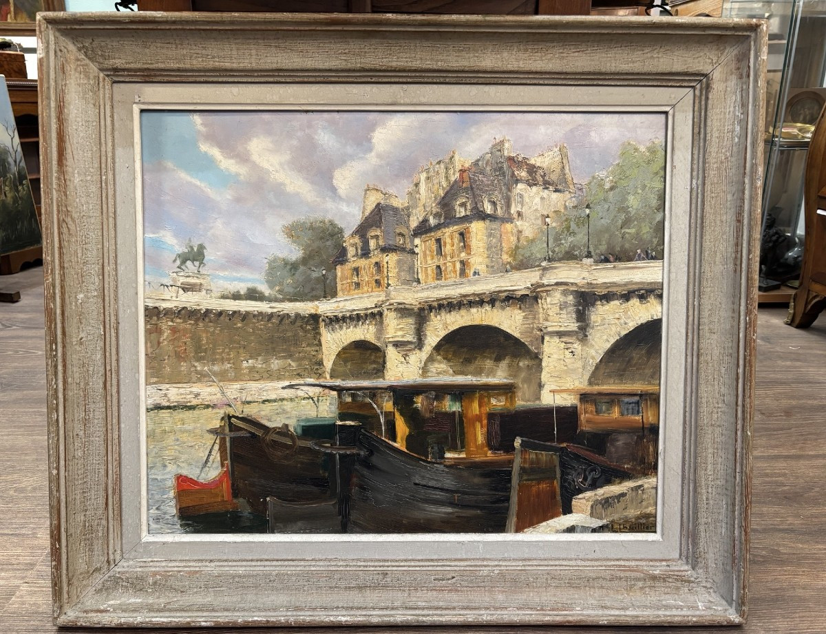 Ancien tableau post impressionniste Le pont neuf  L Lhuilier, La seine à Paris huile panneau