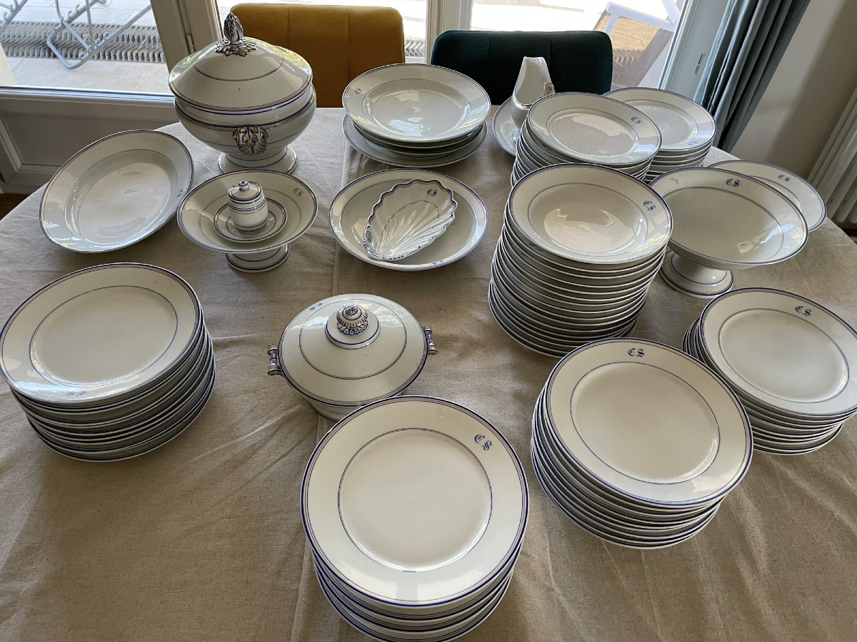 Important Service De Vaisselle En Porcelaine époque XIX Eme Plus 89 Pièces blanc bleu -photo-4