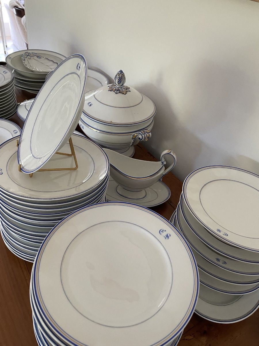 Important Service De Vaisselle En Porcelaine époque XIX Eme Plus 89 Pièces blanc bleu -photo-3