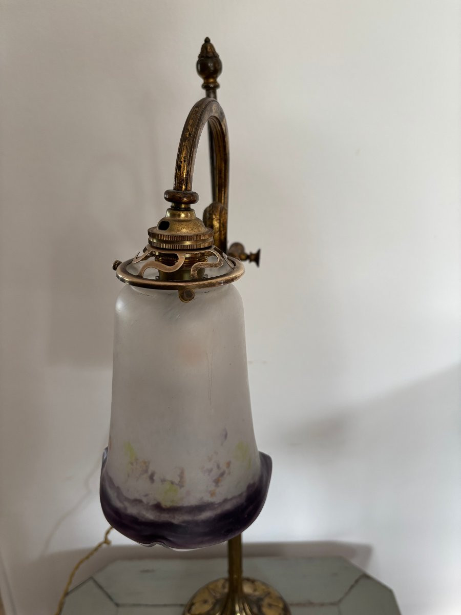 Ancien grand pied de lampe art nouveau vers 1920 bronze et laiton avec sa tulipe pate de verre -photo-3