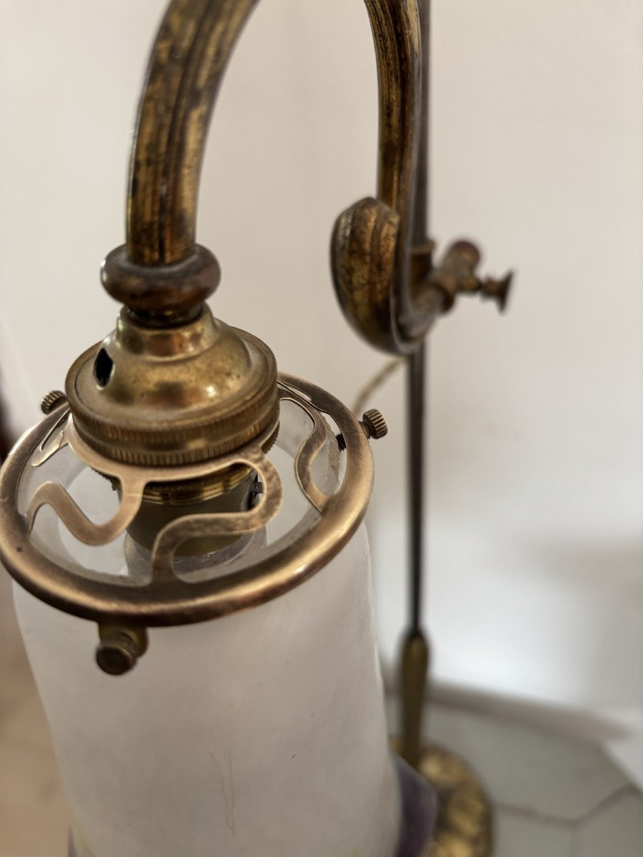Ancien grand pied de lampe art nouveau vers 1920 bronze et laiton avec sa tulipe pate de verre -photo-6