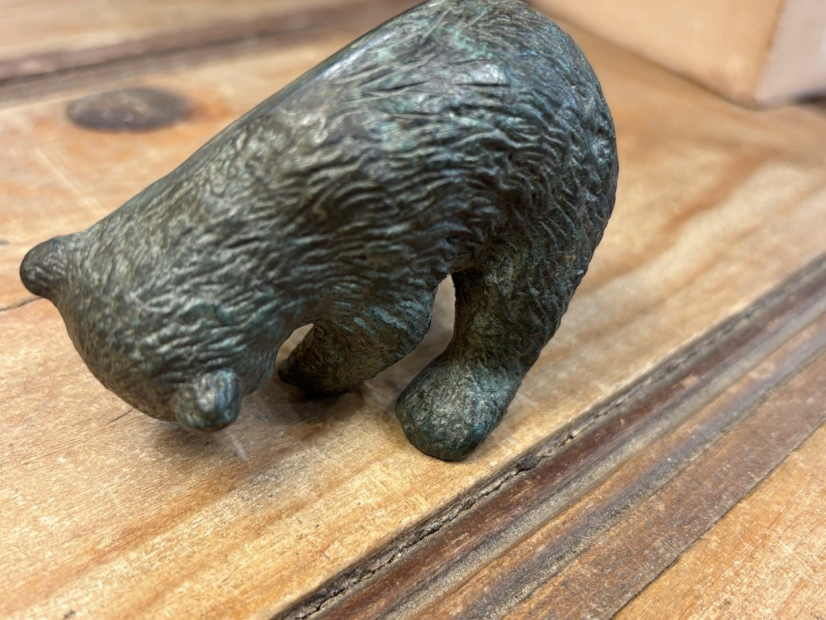Ancien petit sujet en bronze animalier l'ourson debut XX eme presse papier statue sculpture -photo-4