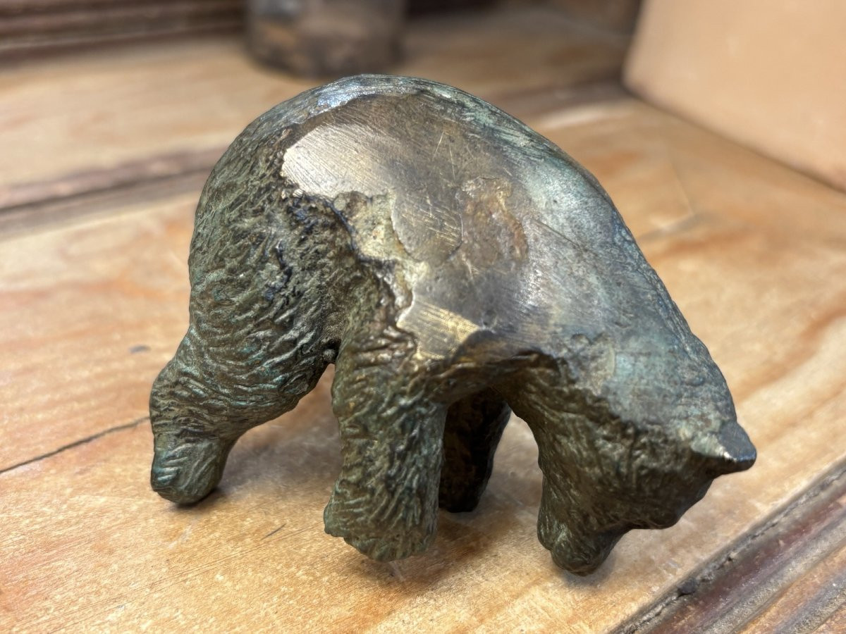 Ancien petit sujet en bronze animalier l'ourson debut XX eme presse papier statue sculpture -photo-5
