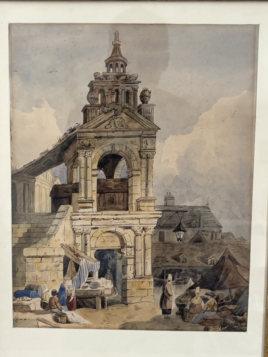 Antique Painting, Normandy, Rouen, Watercolor On Paper, Early 19th Century, Pride Of Saint Romain, Dlg S Prout-photo-2