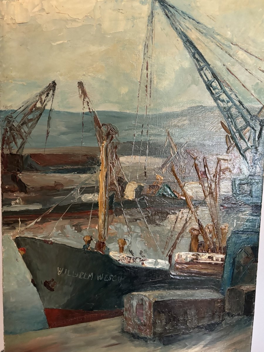 Ancien tableau Marine Huile sur toile Rouen et son port vers 1950 post impressionniste-photo-3