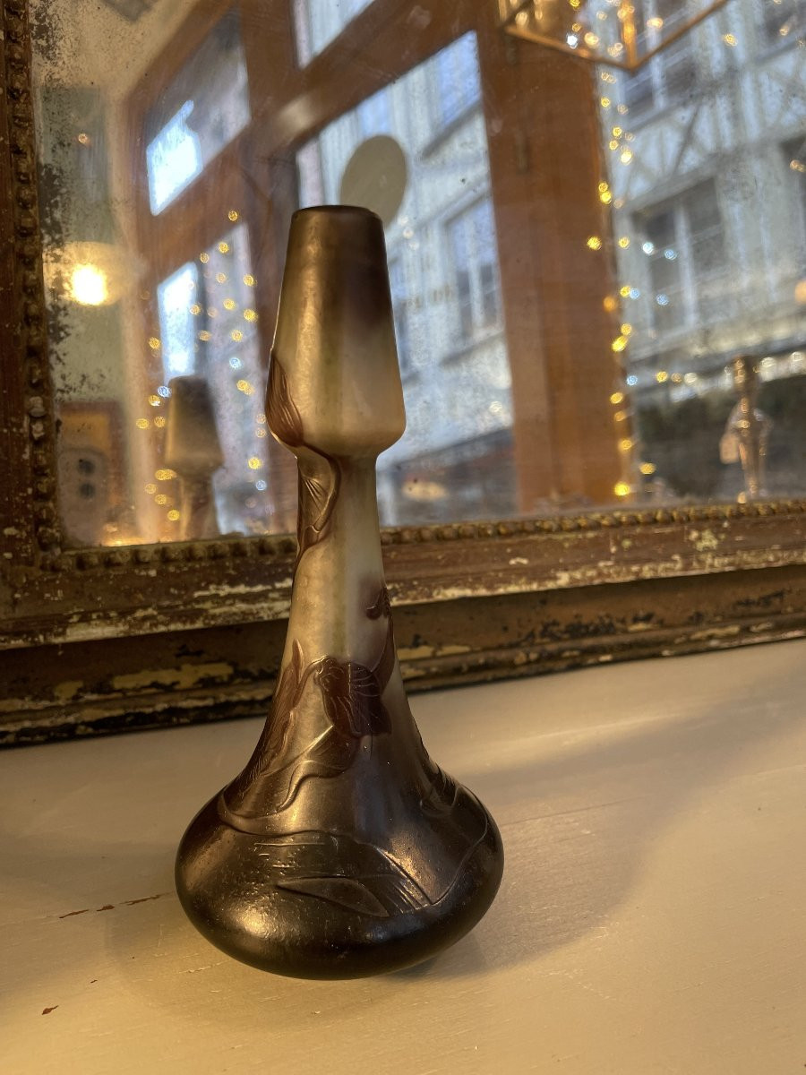Ancien Et Petit Vase Soliflore Par Emile Gallé En Verre Multi Couche Epoque Art Nouveau XX ème -photo-3