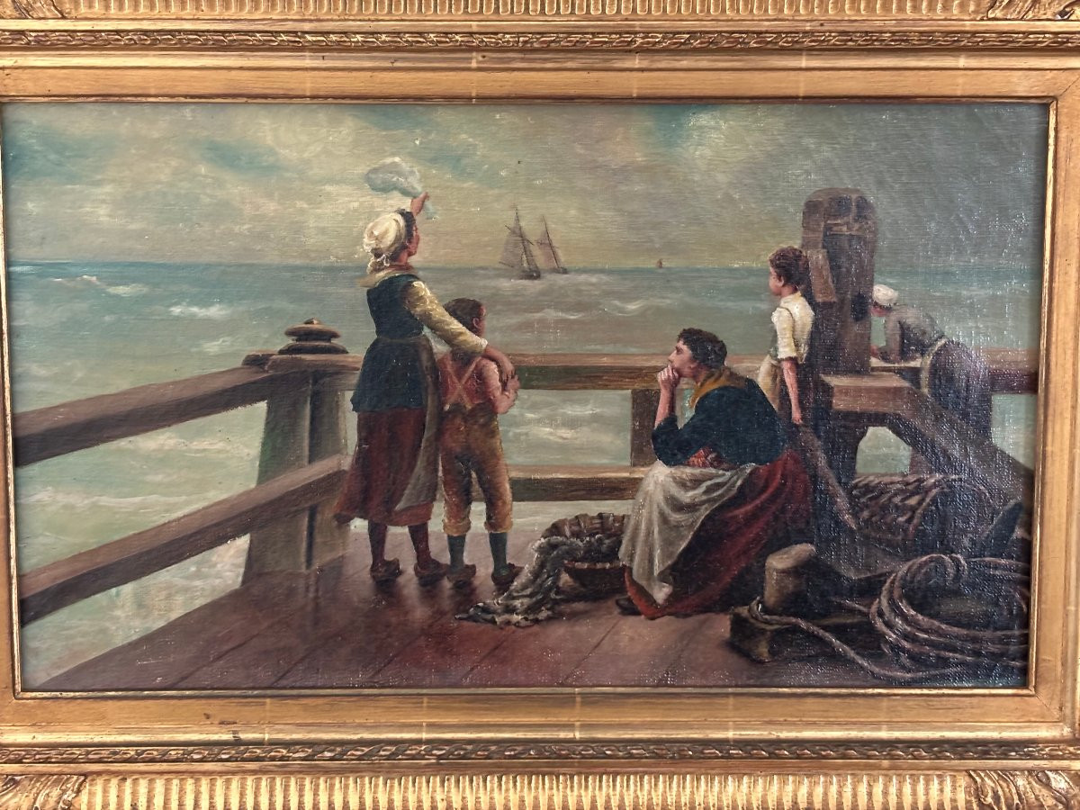 Antique 19th-century Marine Painting, Oil On Canvas: Farewell To The Sailors (hst) -photo-1