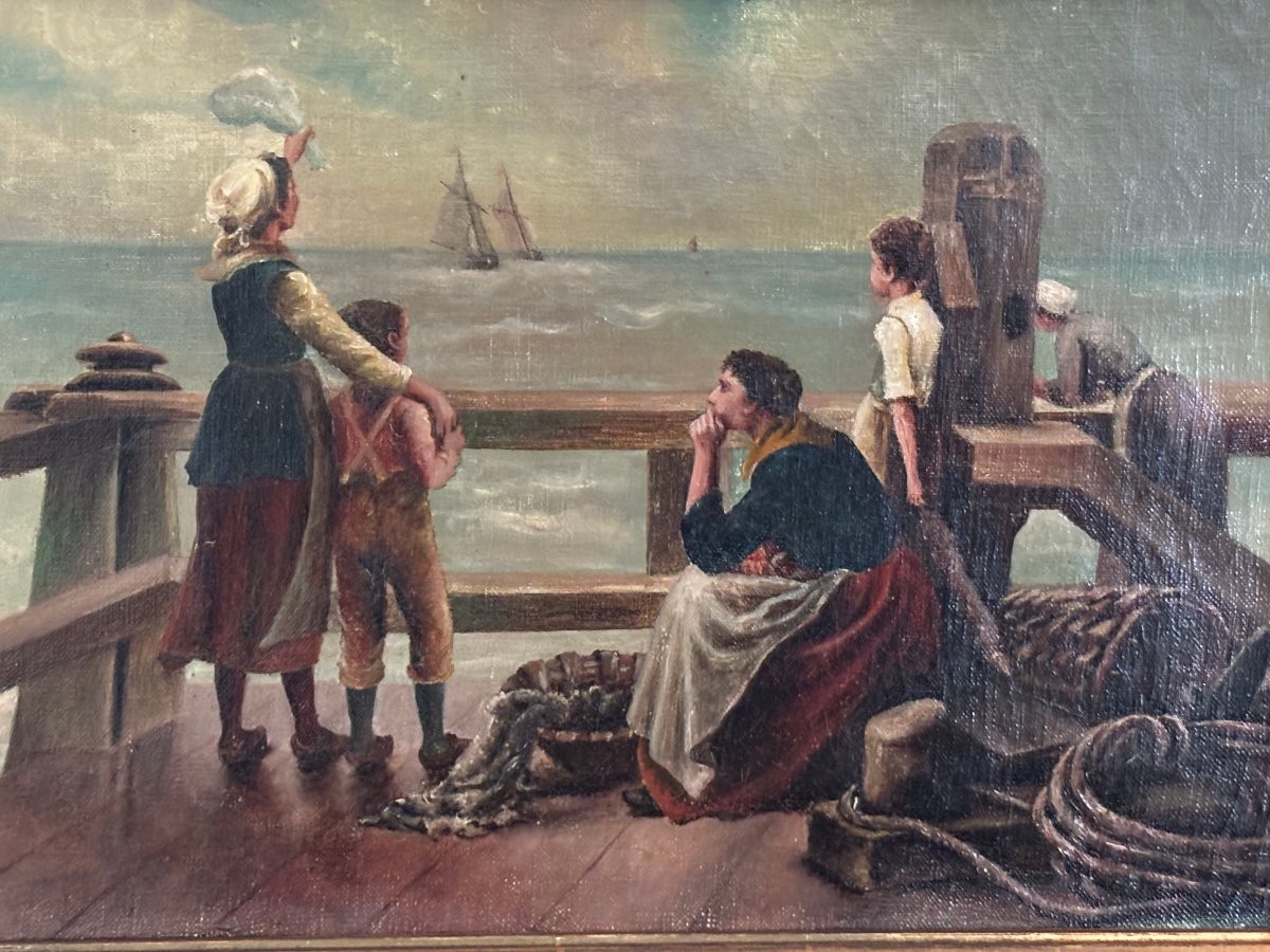 Antique 19th-century Marine Painting, Oil On Canvas: Farewell To The Sailors (hst) -photo-2