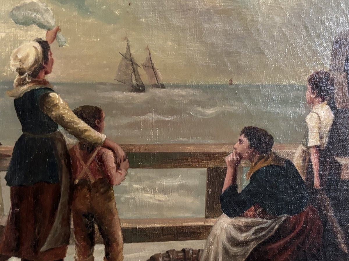 Antique 19th-century Marine Painting, Oil On Canvas: Farewell To The Sailors (hst) -photo-3