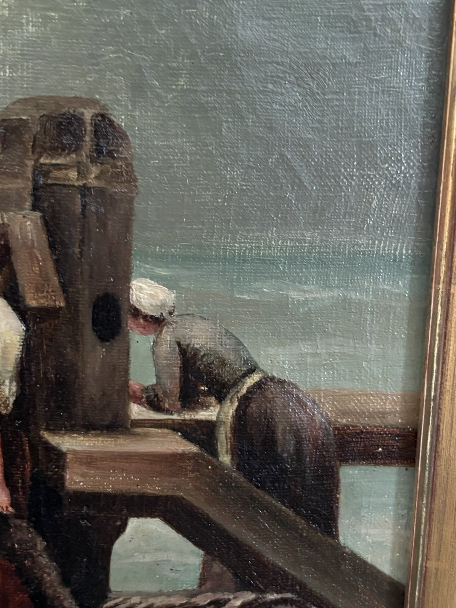 Antique 19th-century Marine Painting, Oil On Canvas: Farewell To The Sailors (hst) -photo-5