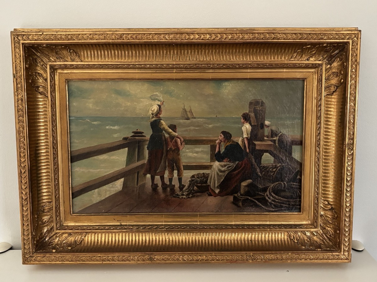 Antique 19th-century Marine Painting, Oil On Canvas: Farewell To The Sailors (hst) 