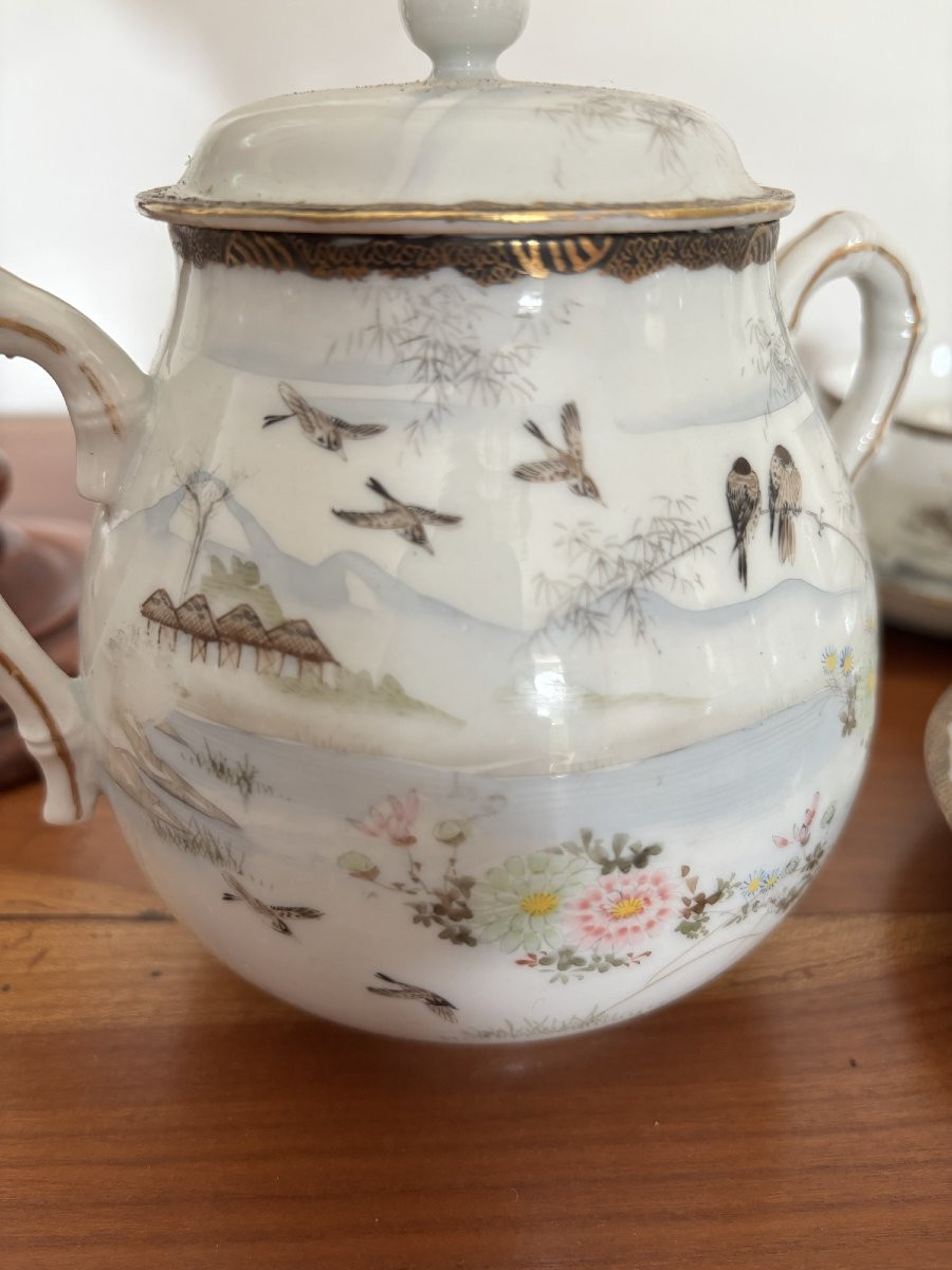 Antique Complete Japanese Porcelain Tea Set, 19th Century: Mount Fuji With Birds-photo-2