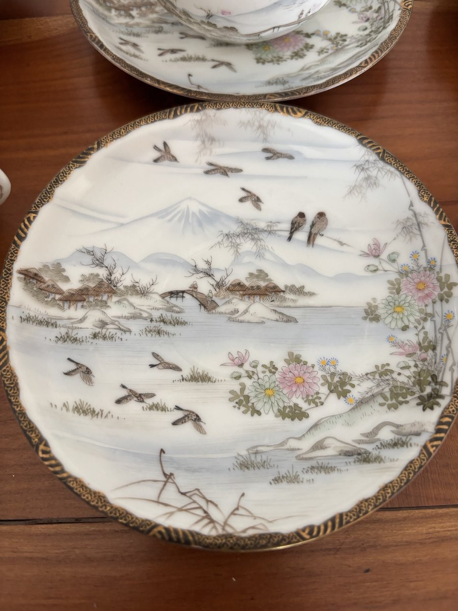 Antique Complete Japanese Porcelain Tea Set, 19th Century: Mount Fuji With Birds-photo-3