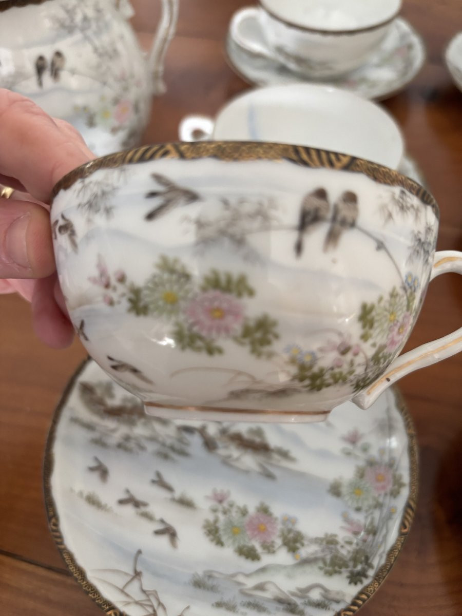 Antique Complete Japanese Porcelain Tea Set, 19th Century: Mount Fuji With Birds-photo-5