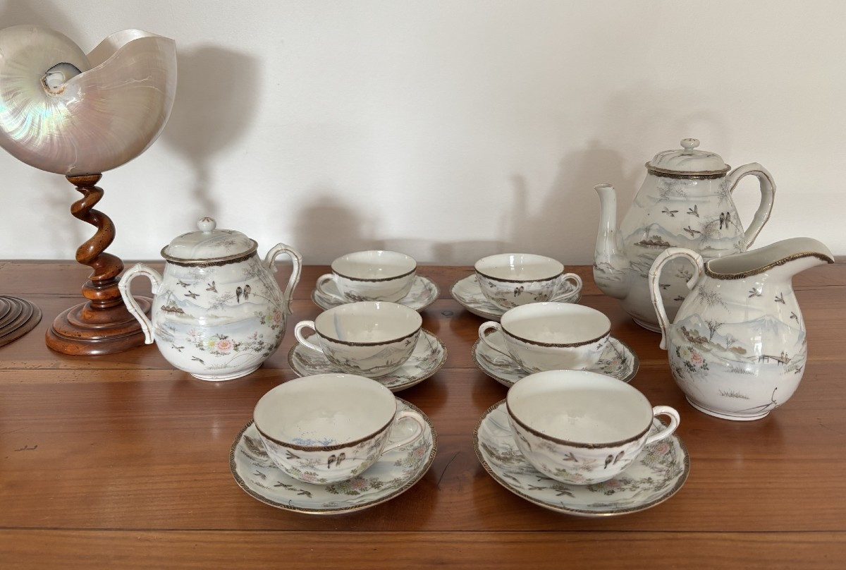 Antique Complete Japanese Porcelain Tea Set, 19th Century: Mount Fuji With Birds