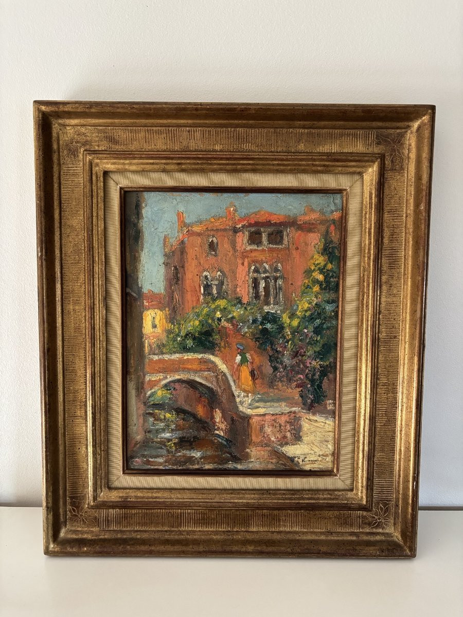 Antique Painting, Rouen School: Venice, Dorio Palace, By M. Vaumousse, Early 20th Century, Art Deco-photo-2