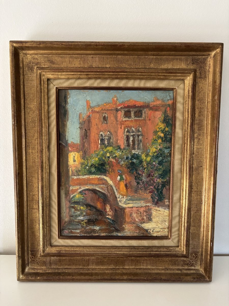 Antique Painting, Rouen School: Venice, Dorio Palace, By M. Vaumousse, Early 20th Century, Art Deco-photo-1