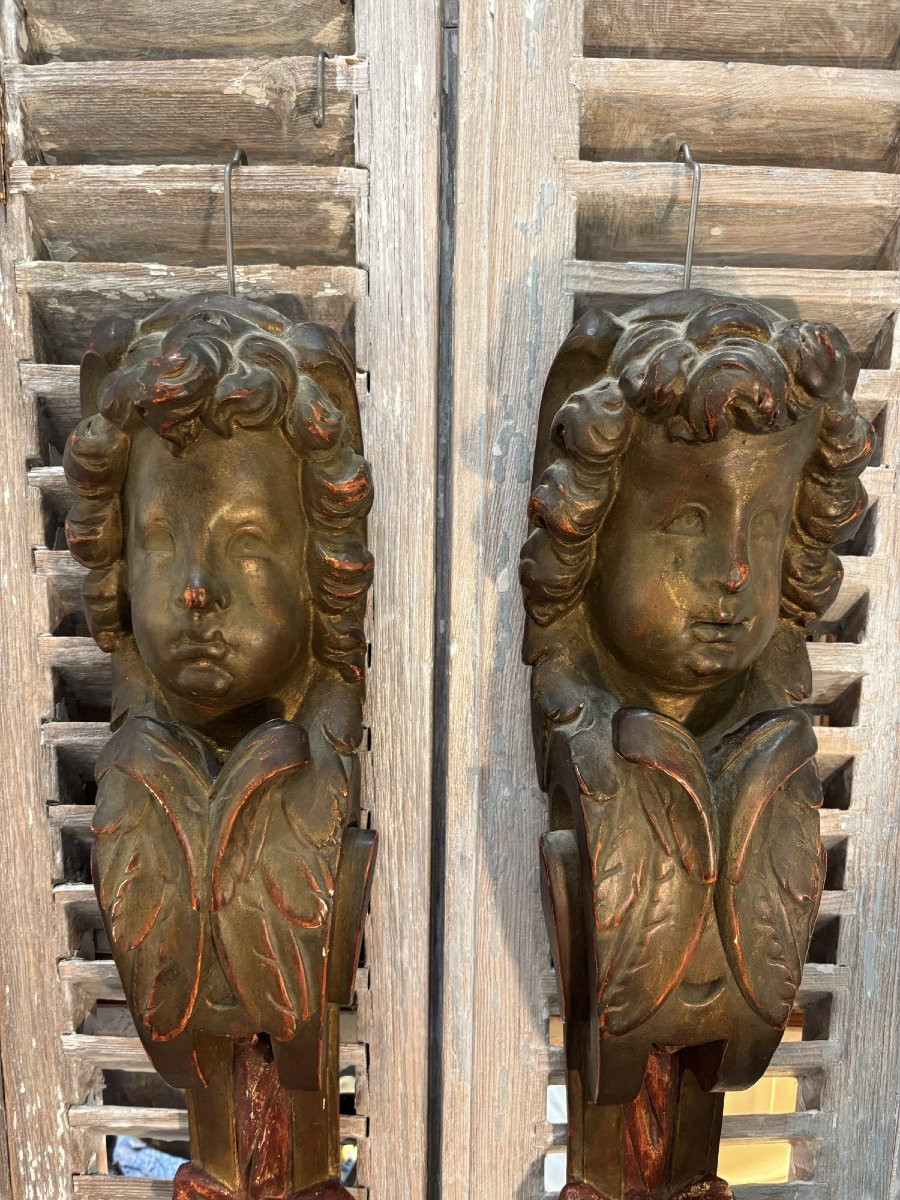 Antique Pair Of Walnut Caryatids, Angel Putti With Wings, Late 19th Century, Decorative Woodwork -photo-2