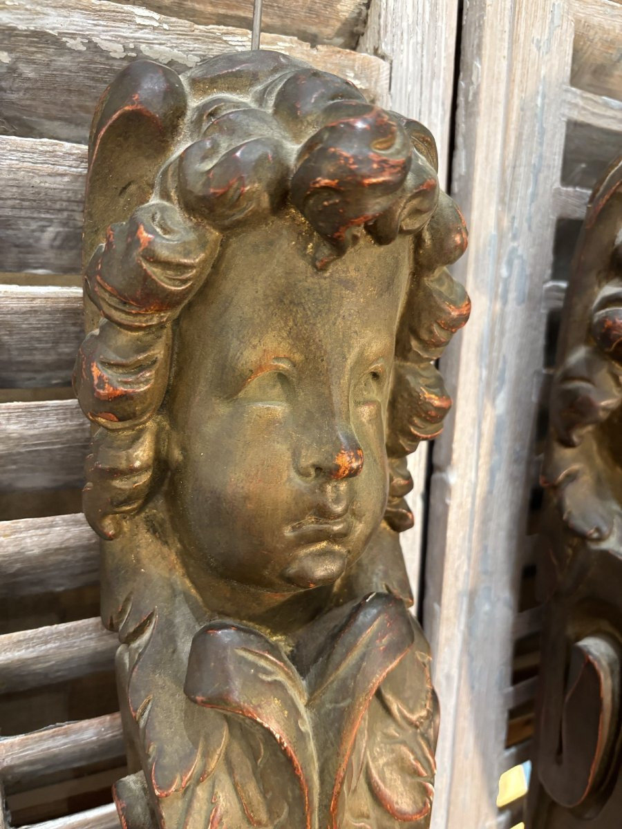 Antique Pair Of Walnut Caryatids, Angel Putti With Wings, Late 19th Century, Decorative Woodwork -photo-3