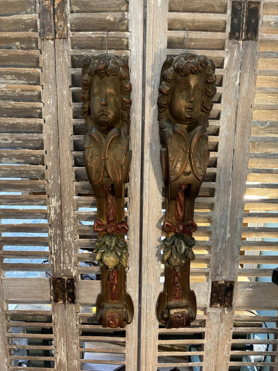 Antique Pair Of Walnut Caryatids, Angel Putti With Wings, Late 19th Century, Decorative Woodwork -photo-6
