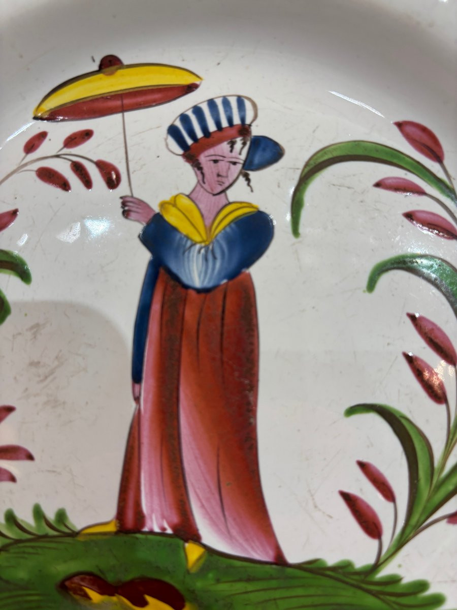 Antique Earthenware Plate From Les Islettes, 19th Century, Depicting Madame Bernard With A Parasol-photo-1