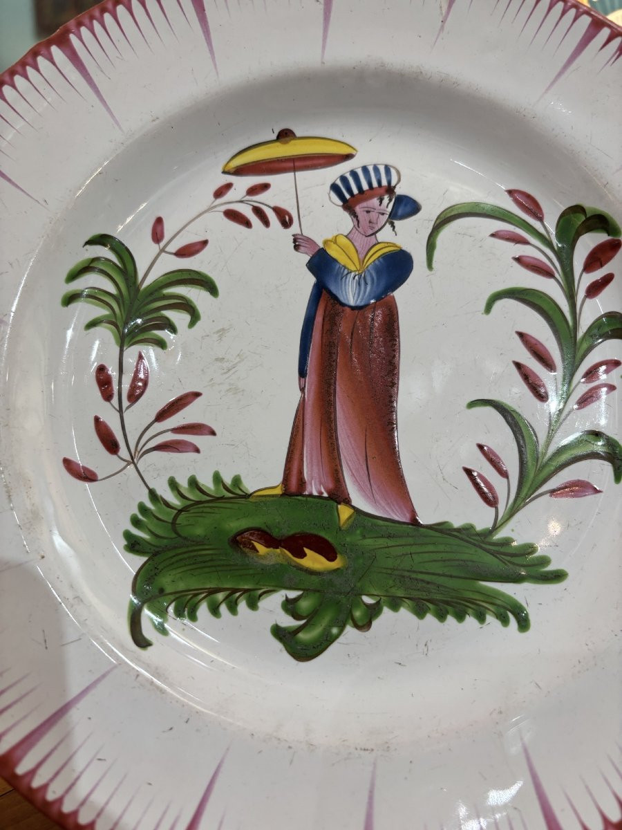 Antique Earthenware Plate From Les Islettes, 19th Century, Depicting Madame Bernard With A Parasol-photo-4