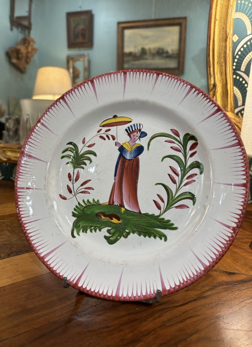 Antique Earthenware Plate From Les Islettes, 19th Century, Depicting Madame Bernard With A Parasol