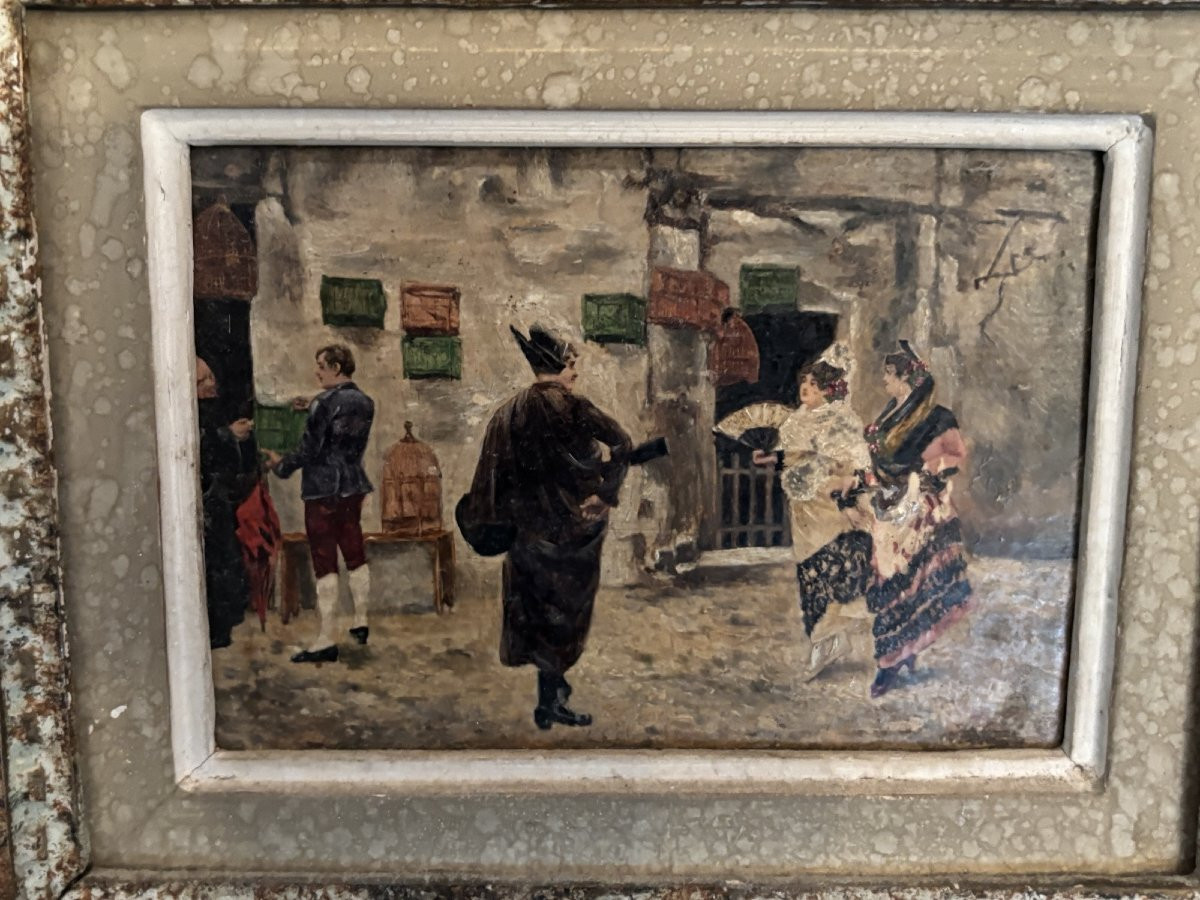 Ancienne petite scene de genre ecole espagnole huile sur carton XIX petit tableau-photo-3