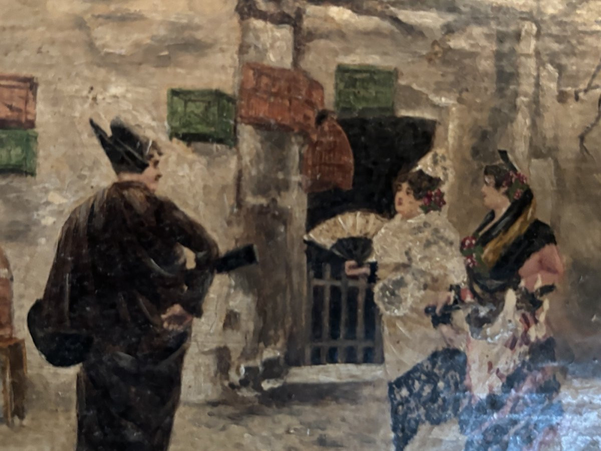 Ancienne petite scene de genre ecole espagnole huile sur carton XIX petit tableau-photo-2
