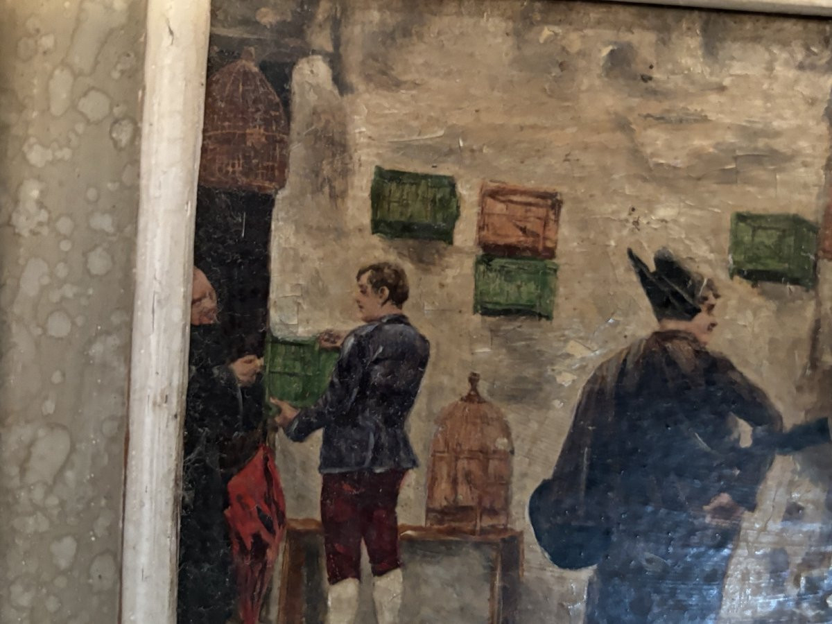 Ancienne petite scene de genre ecole espagnole huile sur carton XIX petit tableau-photo-3