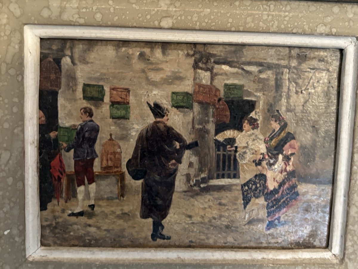 Ancienne petite scene de genre ecole espagnole huile sur carton XIX petit tableau-photo-4