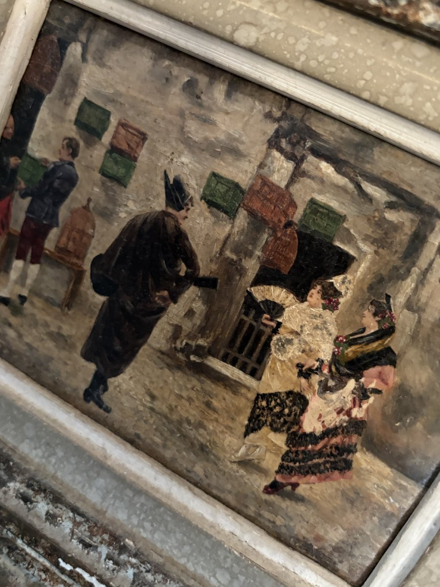 Ancienne petite scene de genre ecole espagnole huile sur carton XIX petit tableau-photo-5