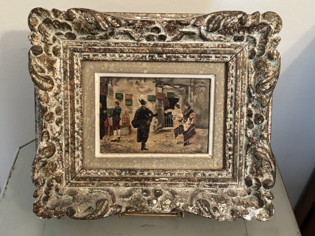 Ancienne petite scene de genre ecole espagnole huile sur carton XIX petit tableau