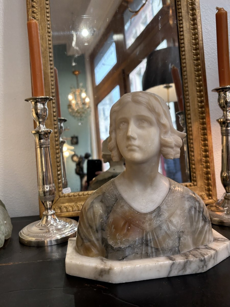 Ancien buste sculpture en marbre et albatre signé fin XIX eme art nouveau : une jeune fille -photo-2