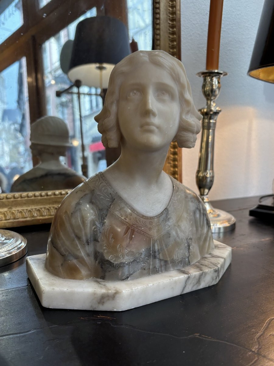 Ancien buste sculpture en marbre et albatre signé fin XIX eme art nouveau : une jeune fille -photo-3