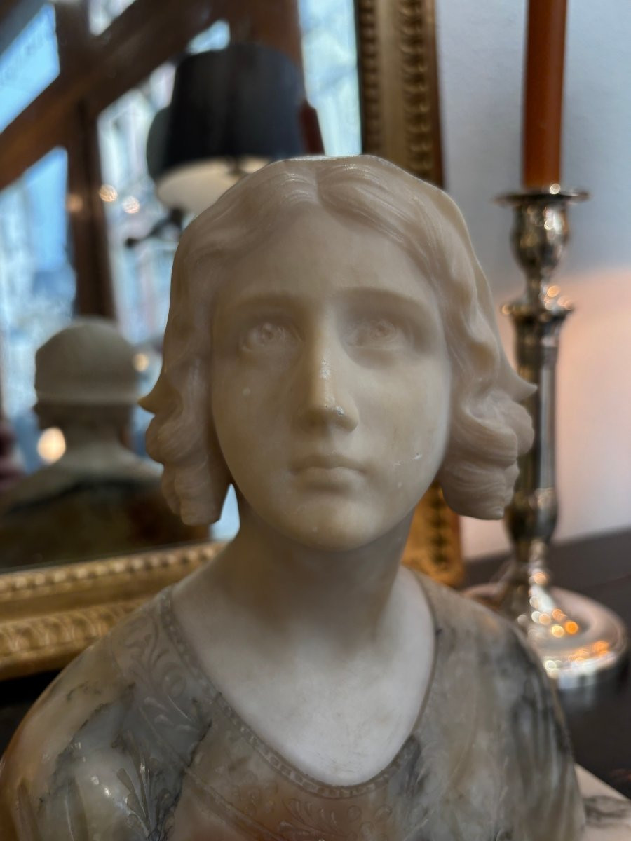 Ancien buste sculpture en marbre et albatre signé fin XIX eme art nouveau : une jeune fille -photo-4
