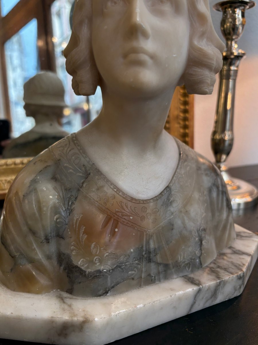 Ancien buste sculpture en marbre et albatre signé fin XIX eme art nouveau : une jeune fille -photo-2
