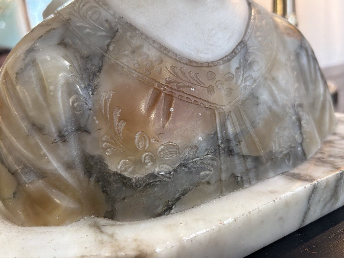 Ancien buste sculpture en marbre et albatre signé fin XIX eme art nouveau : une jeune fille -photo-3