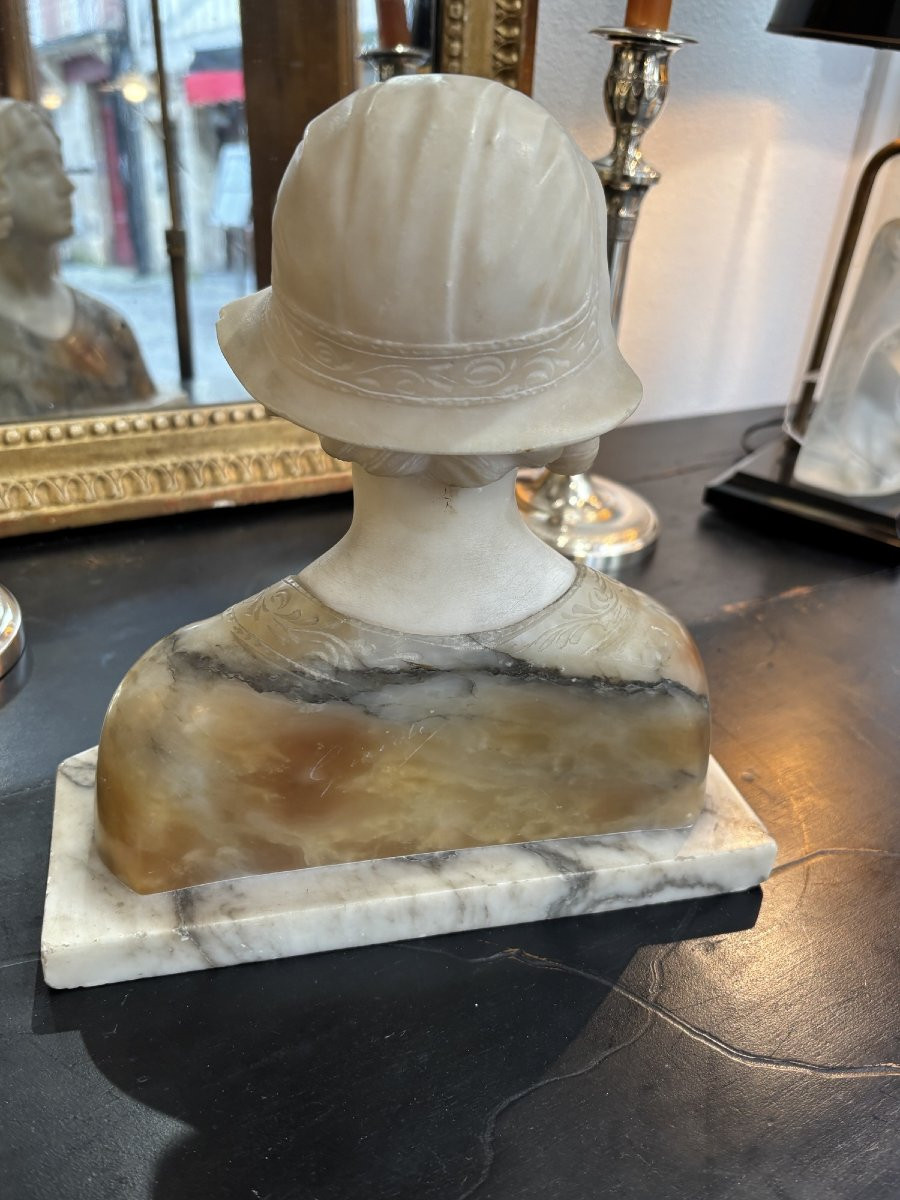 Ancien buste sculpture en marbre et albatre signé fin XIX eme art nouveau : une jeune fille -photo-4