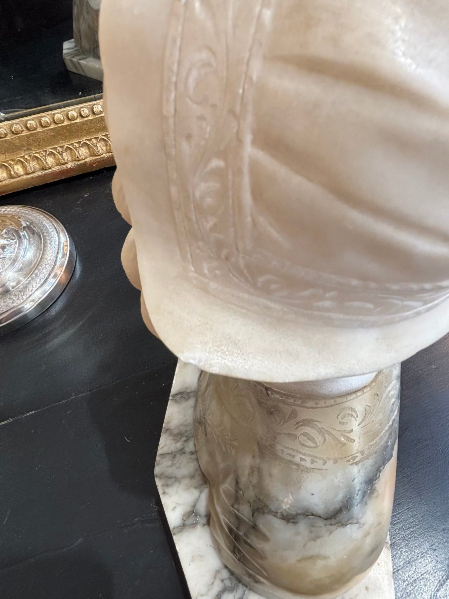 Ancien buste sculpture en marbre et albatre signé fin XIX eme art nouveau : une jeune fille -photo-7