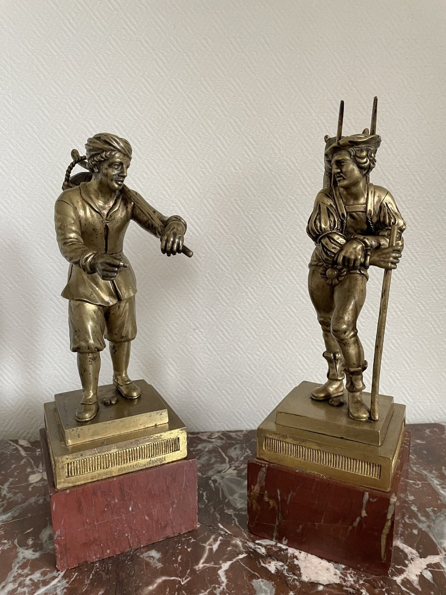 Pair Of Gilt Bronze Statues Mounted On Marble Bases: The Peddlers, Early 19th/late 18th Century-photo-1