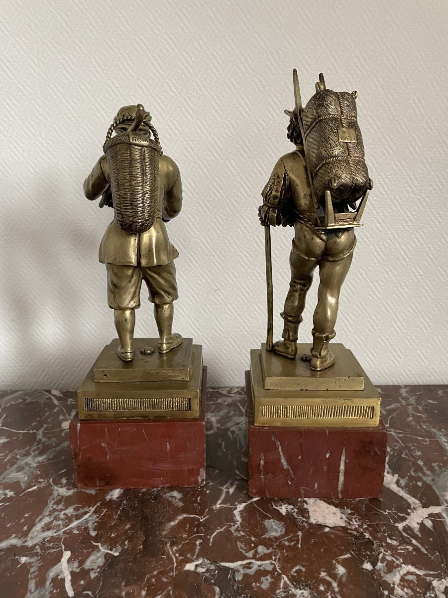 Pair Of Gilt Bronze Statues Mounted On Marble Bases: The Peddlers, Early 19th/late 18th Century-photo-3