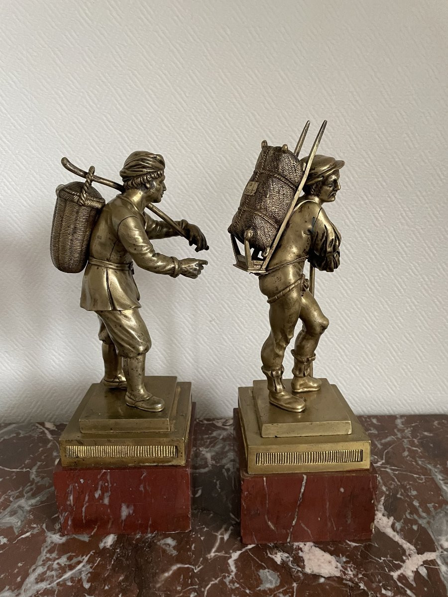 Pair Of Gilt Bronze Statues Mounted On Marble Bases: The Peddlers, Early 19th/late 18th Century-photo-6