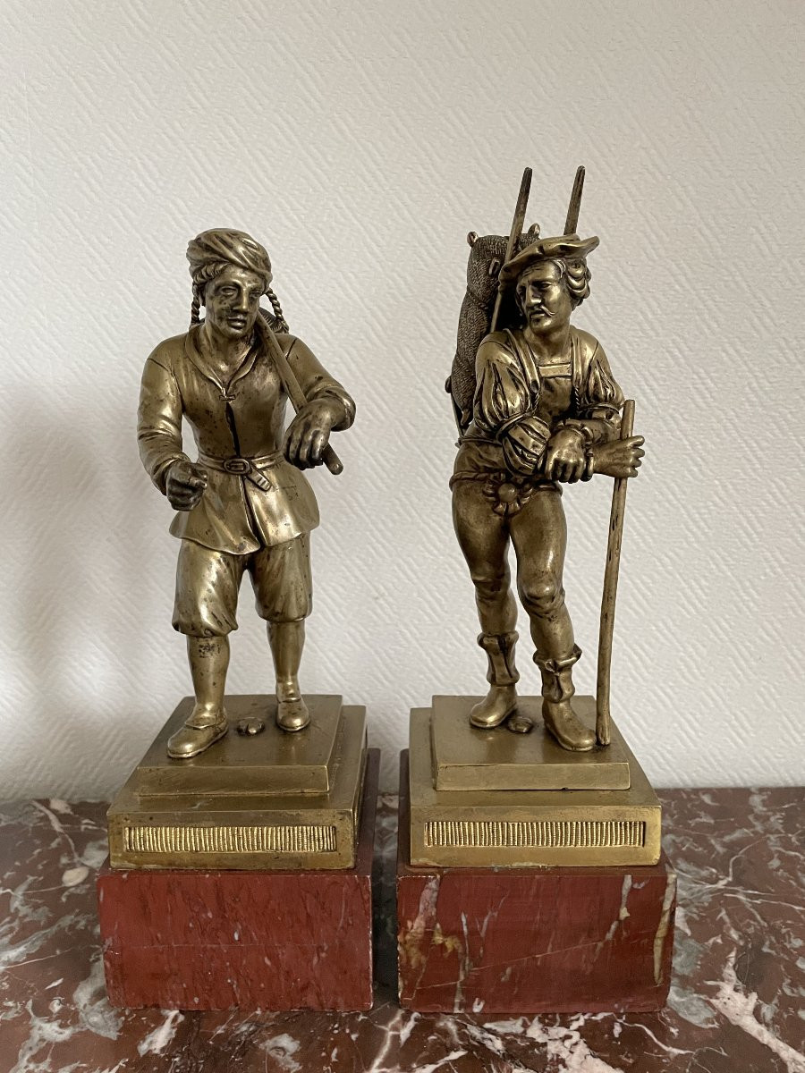 Pair Of Gilt Bronze Statues Mounted On Marble Bases: The Peddlers, Early 19th/late 18th Century-photo-7